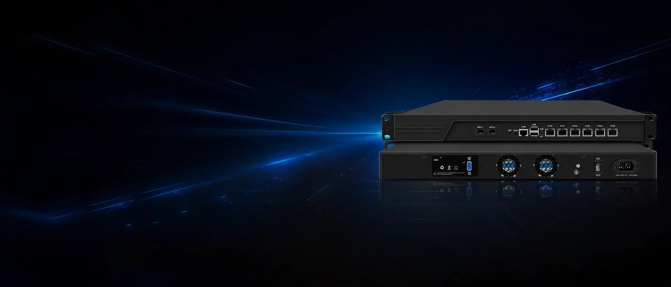 Network equipment on a dark background with blue light effects
