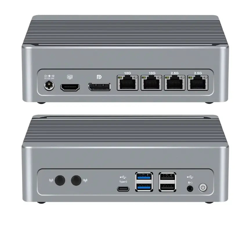 Two views of a silver mini PC or desktop computer showing the front and back ports on a white background.