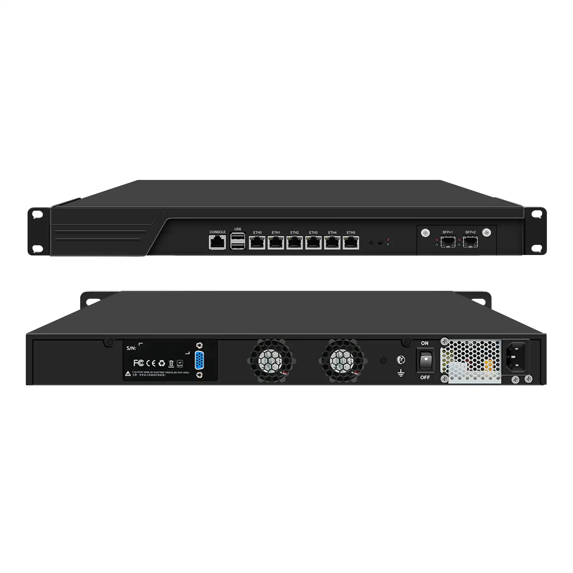 Black rack-mount network switch shown from the front and back on a plain white background.