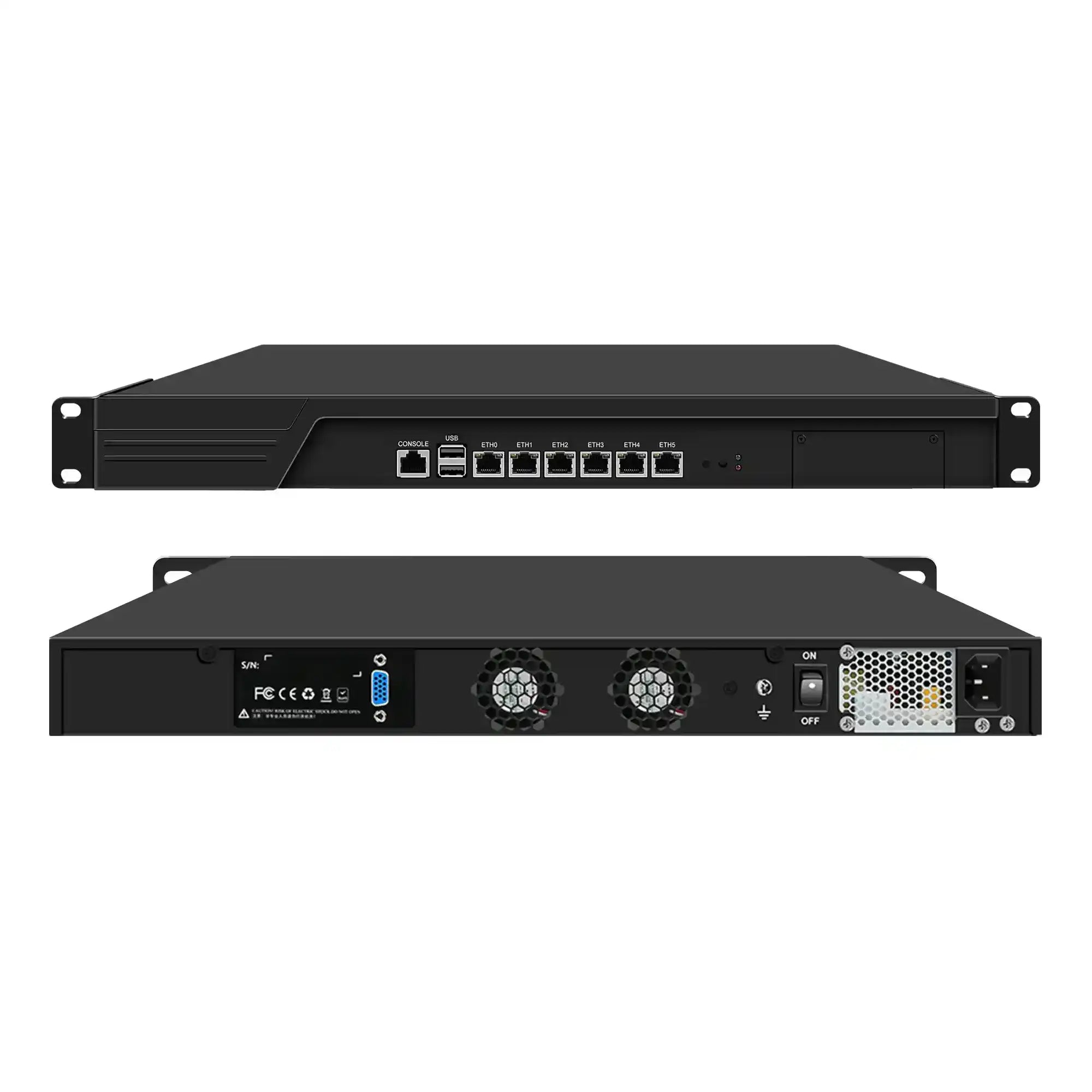 Black rack-mount network video recorder or security server shown from the front and rear on a plain white background.