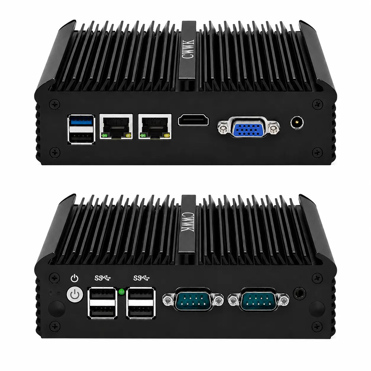 Black industrial mini PC chassis shown from the back, featuring a ribbed aluminum heatsink design, multiple USB ports, Ethernet ports, a VGA port, and a power button, displayed in two views on a white background.