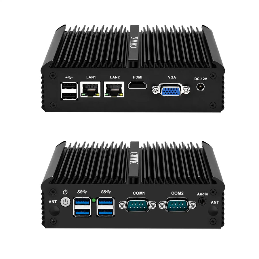 Two views of a black industrial box PC with a ribbed metal heatsink enclosure, showing the front and back panel details with various ports including LAN, COM, VGA, USB, and HDMI.