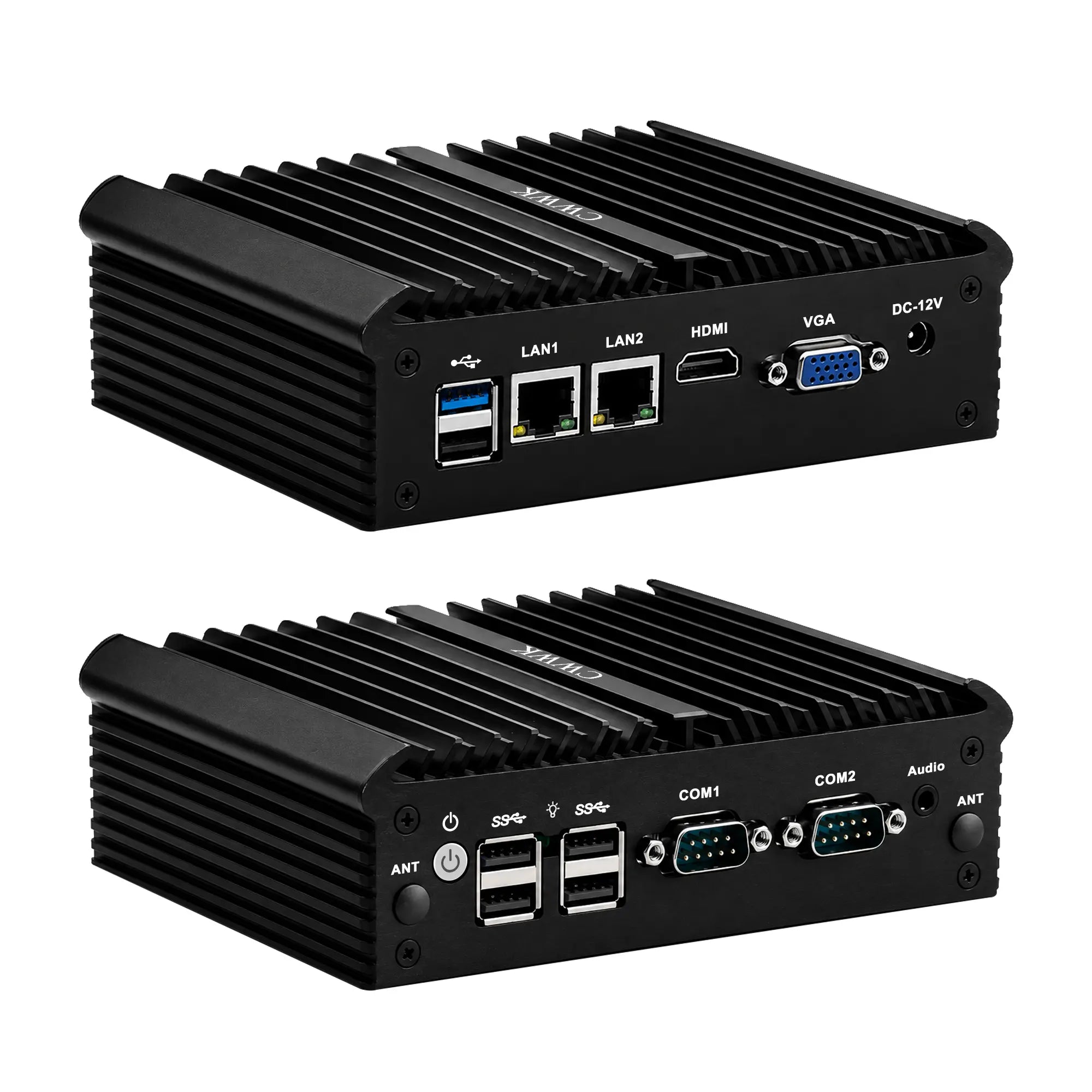 Two black industrial mini PC chassis shown from the rear, displaying various ports including LAN, USB, VGA, and COM ports on a solid white background.