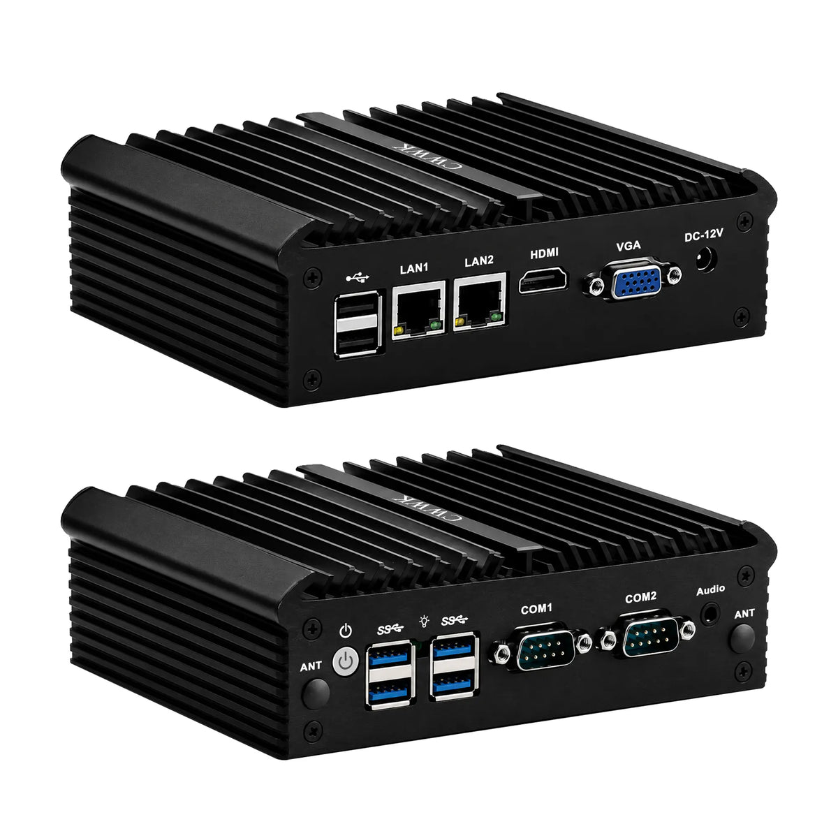 Two black industrial mini PC chassis shown from the rear, featuring a ribbed metal heatsink design and multiple ports including LAN, HDMI, VGA, USB 3.0, COM1, COM2, and ANT.