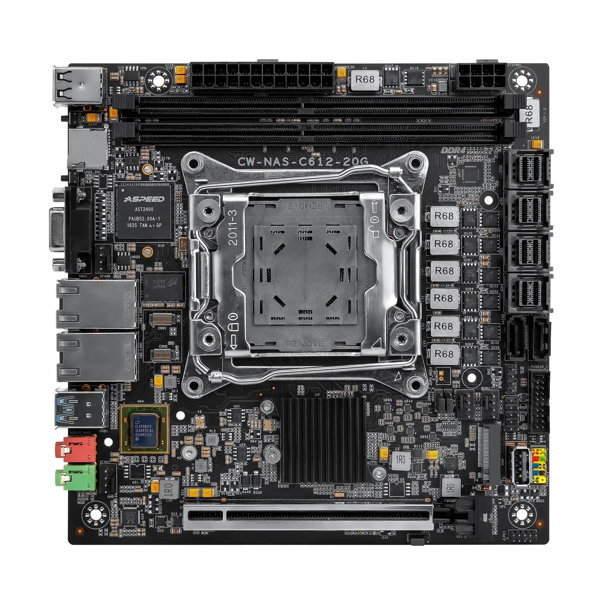 CWWK CW-M61 ASUS LGA1700 CPU motherboard, with a pure white background, showcasing the CPU socket, memory slots, PCIe slots, and various I/O ports.