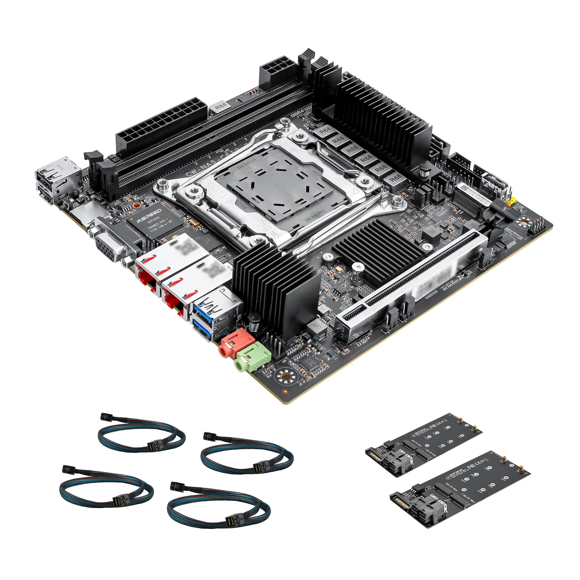 An Intel LGA 1700 desktop motherboard shown at an angle with four black PCIe power cables and two black M.2 NVMe SSDs on a plain white background.
