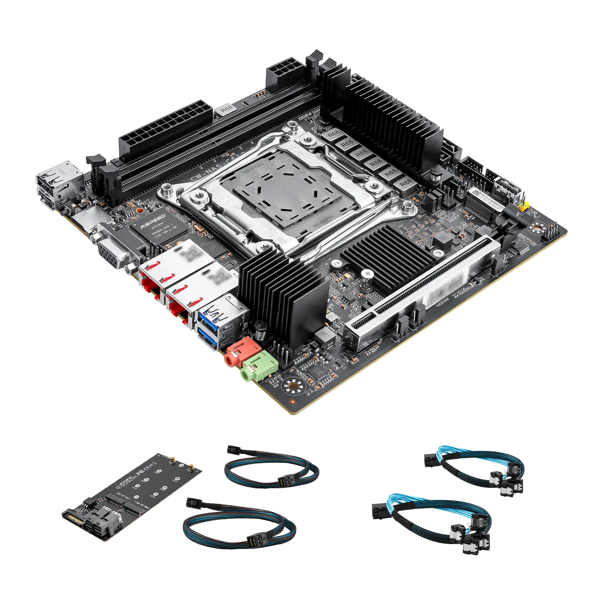 An Intel LGA1700 desktop motherboard shown at an angle on a white background, accompanied by a PCIe x16 expansion slot module and four SATA cables.