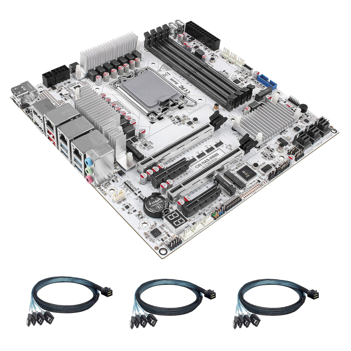 Computer motherboard with cables on a white background