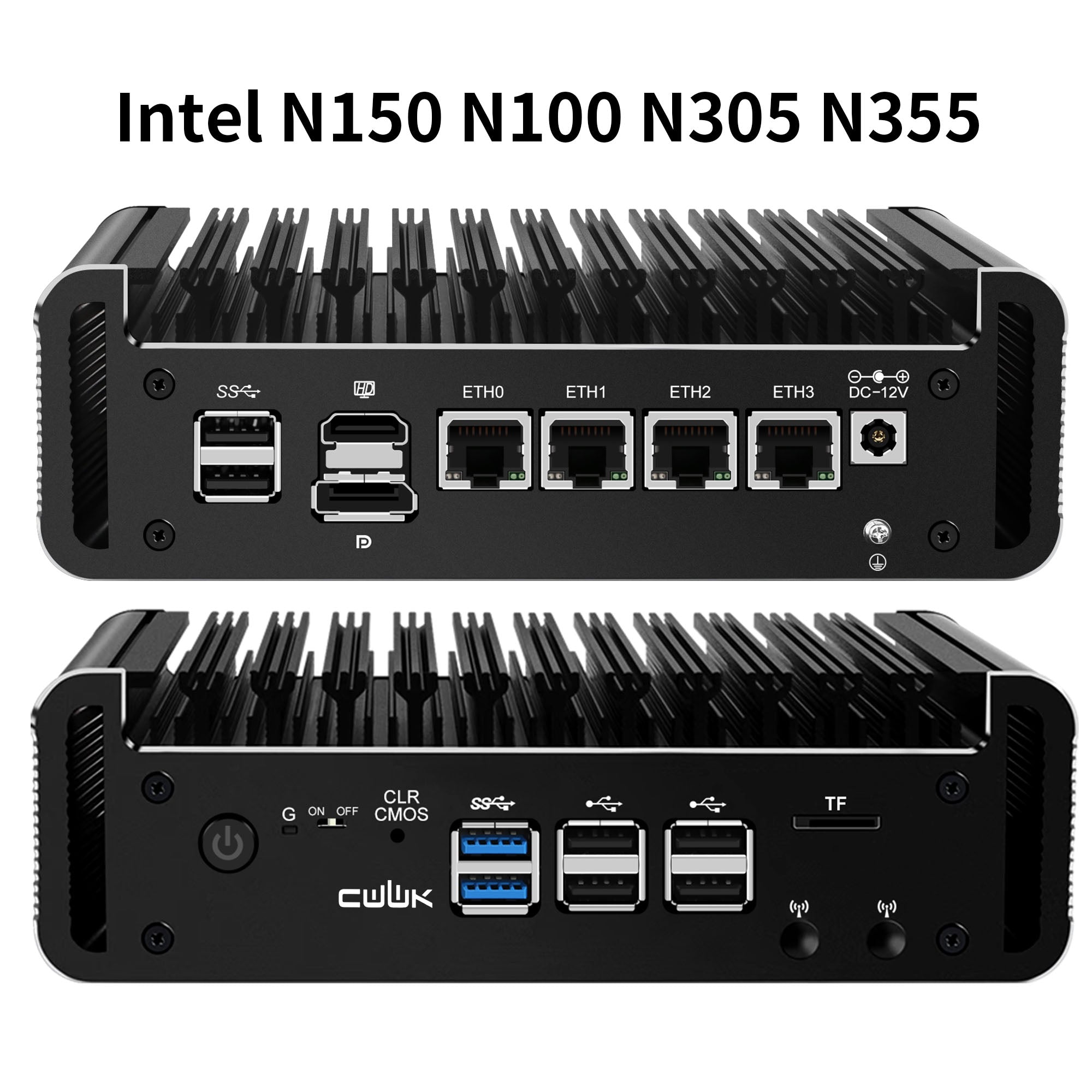 Two black fanless mini PCs with multiple ports including USB, Ethernet, and HDMI. They are equipped with Intel N150 N100 N305 N355 processors.