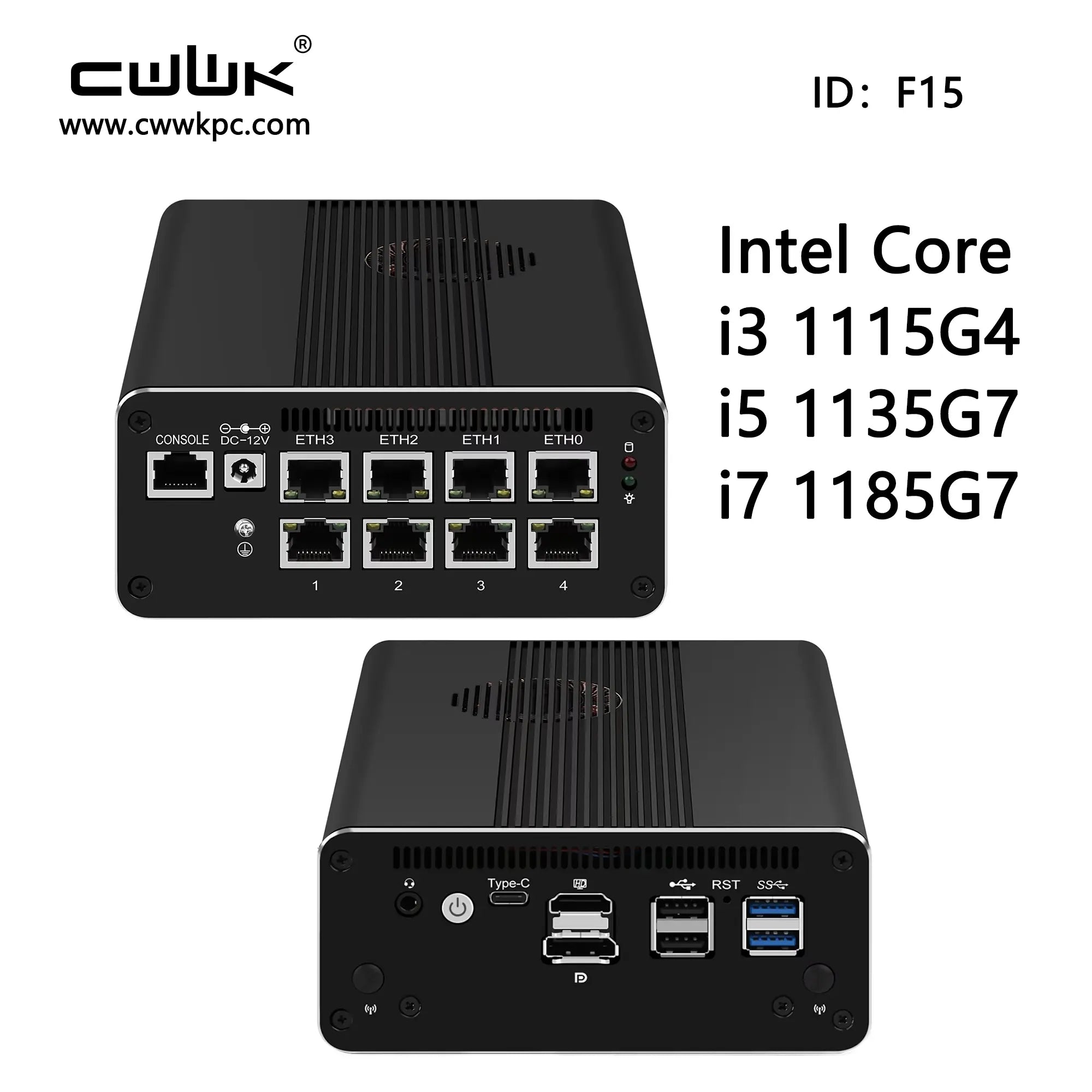 Two views of a black computer hardware unit with Intel processor options on a white background.