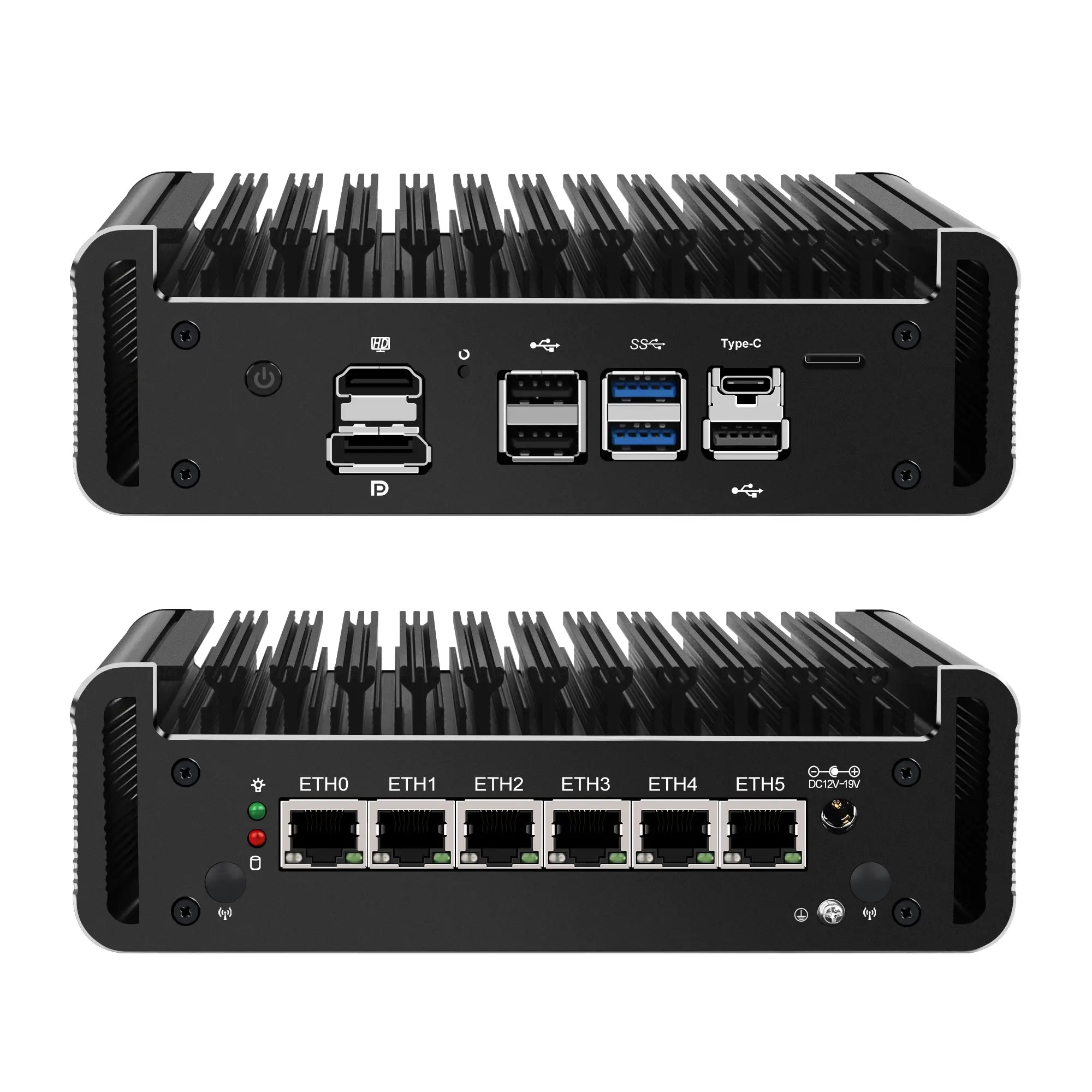 Two views of a black industrial computer case with ports on a white background