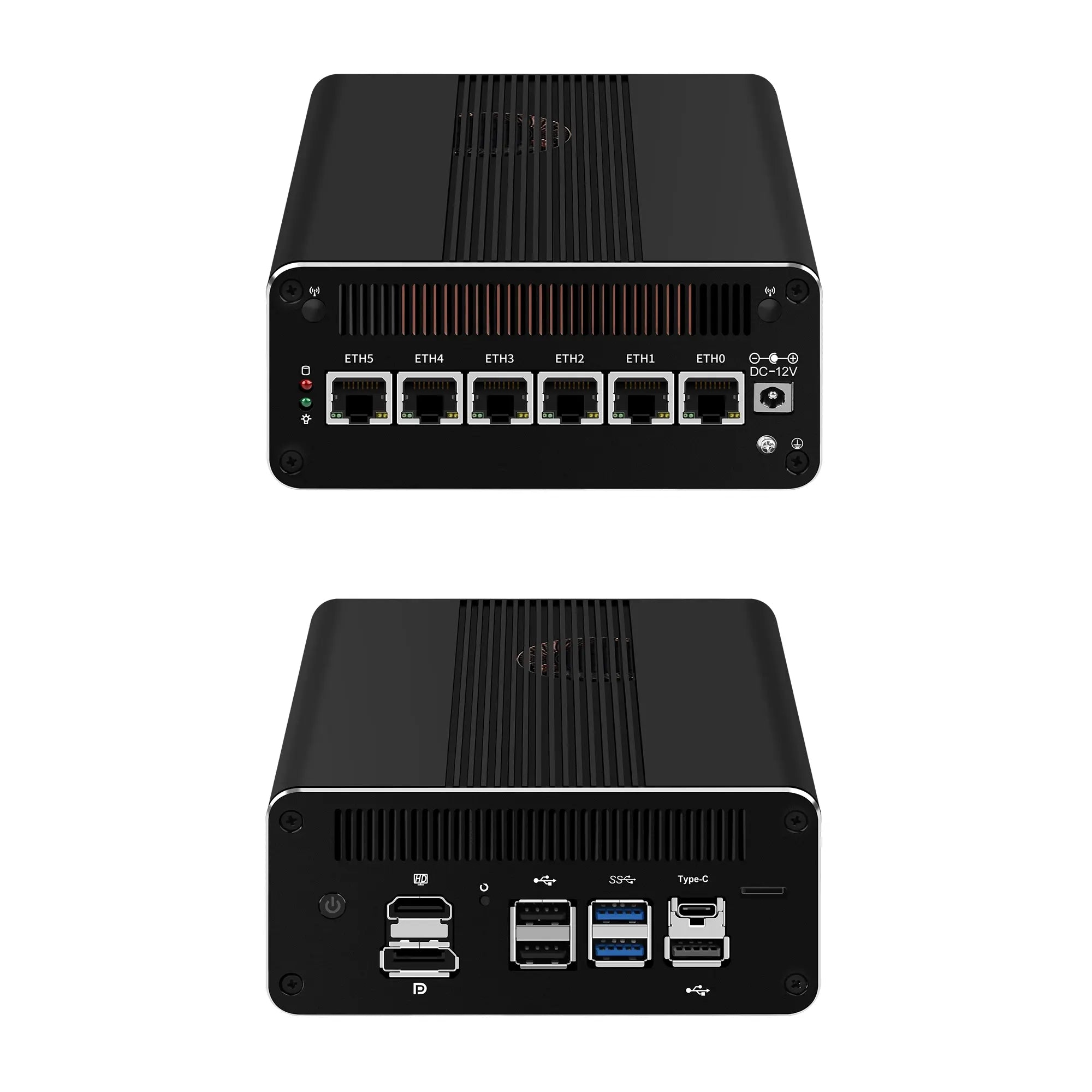 Two black industrial computers with various ports on a white background
