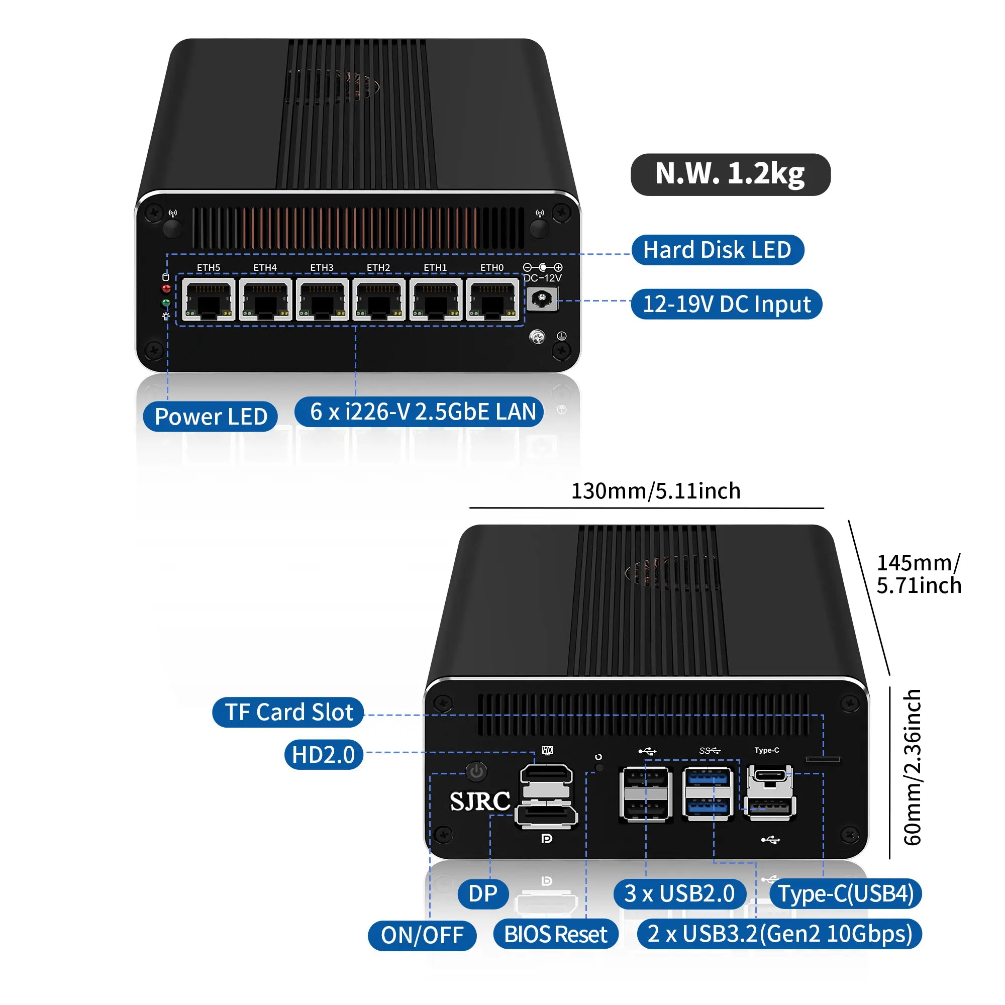 CWWK F18 / F20 Firewall Mini PC, Intel 12th / 13th Gen Core i3-1315U i5-1335U i7-1355U, 6 × Intel i226-V 2.5GbE LAN, DDR5, Dual NVMe, USB4 Type-C, OPNsense Router PC
