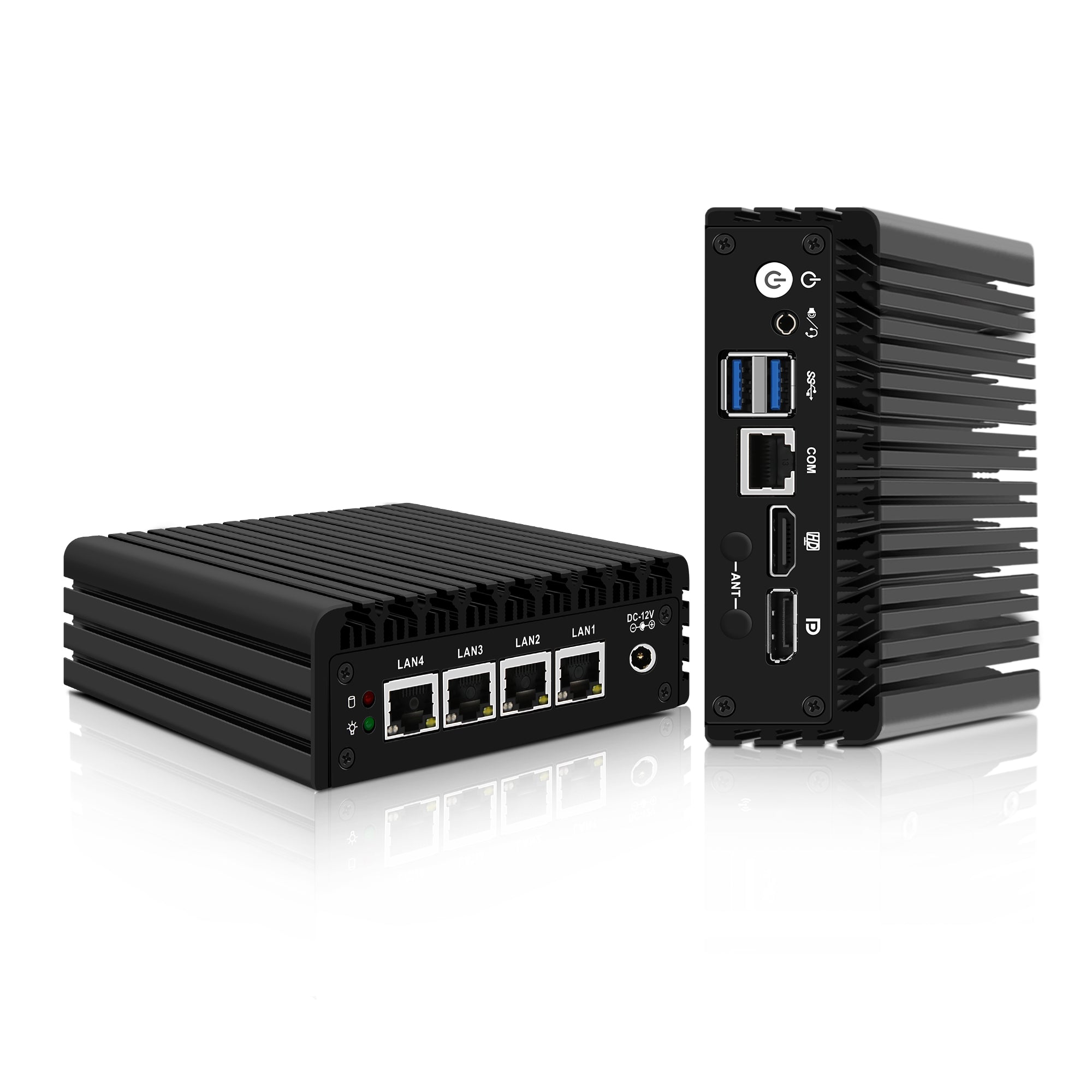 Two black industrial-grade computers on a white background