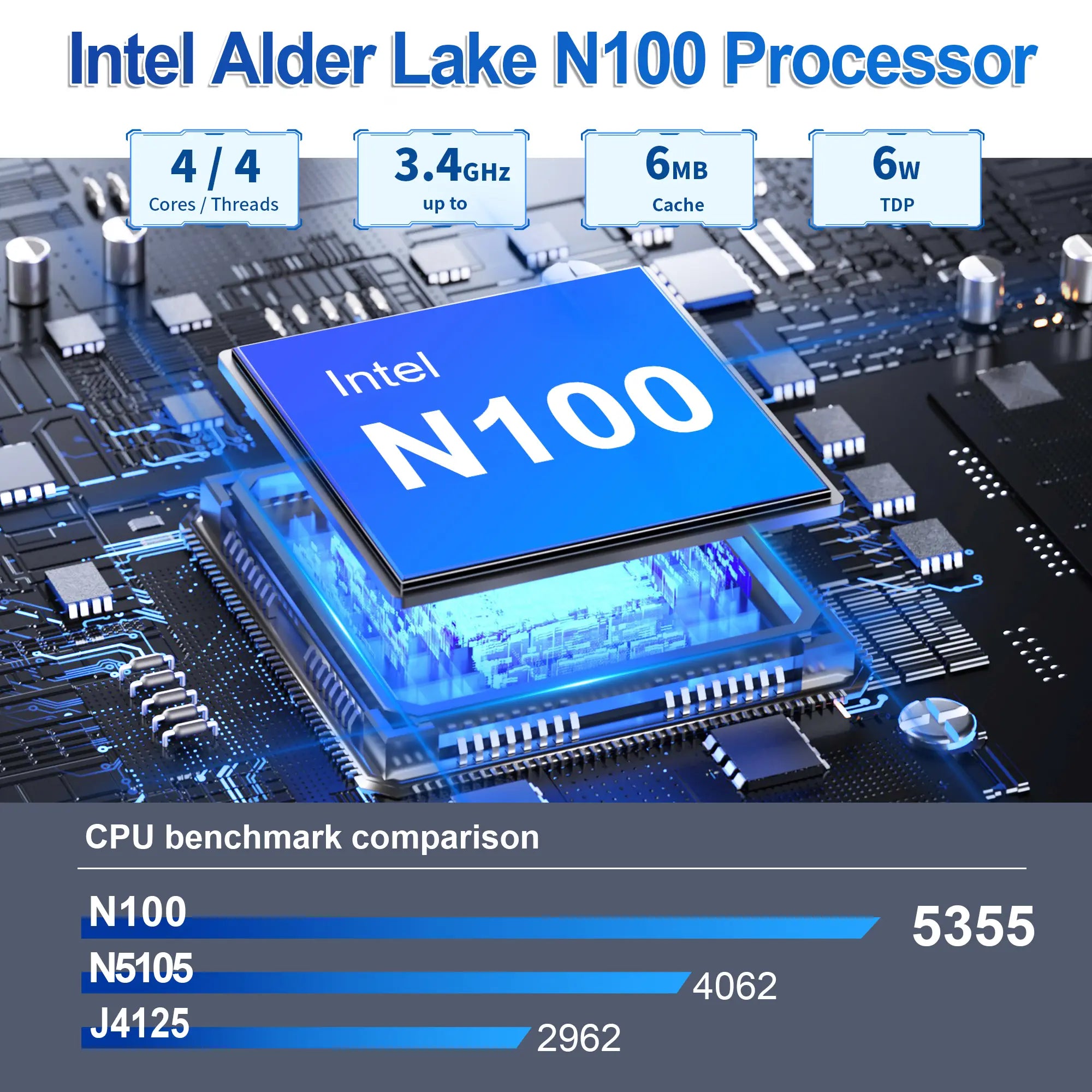 Intel Alder Lake N100 processor on a circuit board with benchmark comparison details.