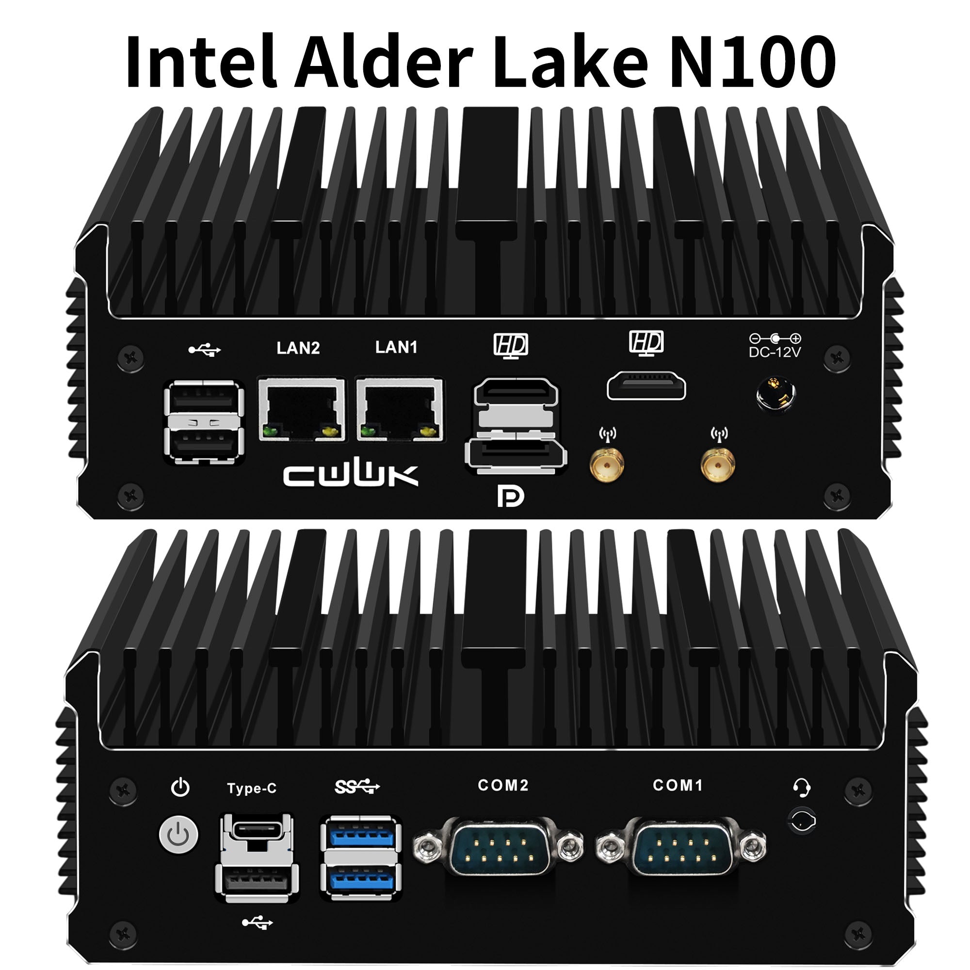 CWWK C1 Fanless Mini PC, Core N100,J6412  2 × 2.5GbE i226V LAN Port, 2 × COM RS232, Support WIFI/BT, Fanless Desktop Computer, DDR4 8GB RAM 128GB NVMe SSD, Windows 11 Pro