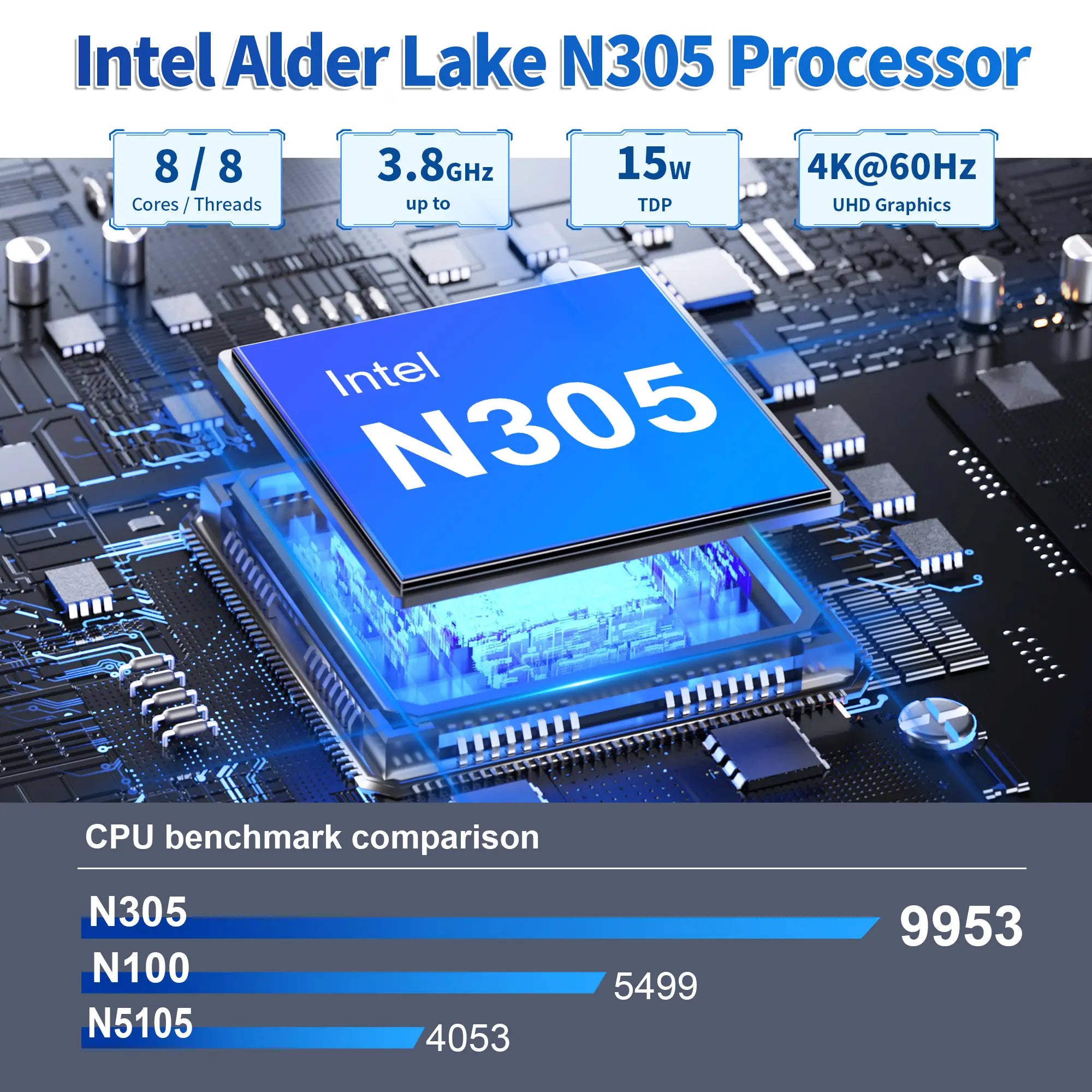 Intel Alder Lake N305 processor on a motherboard with benchmark comparison.