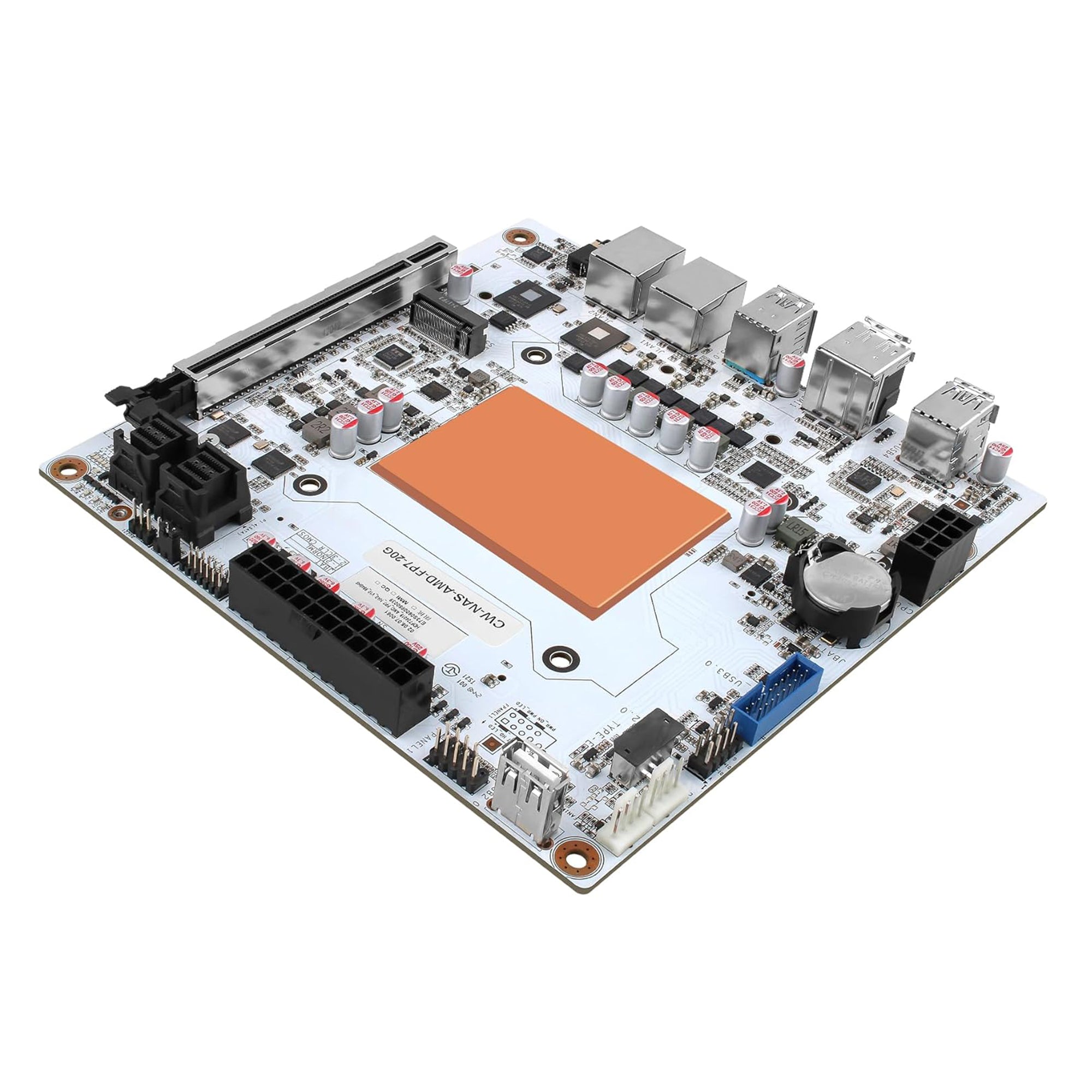 Computer motherboard with various components on a white background