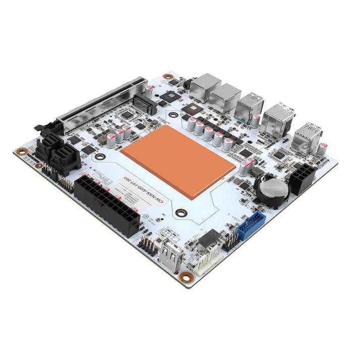 Computer motherboard with various components on a white background