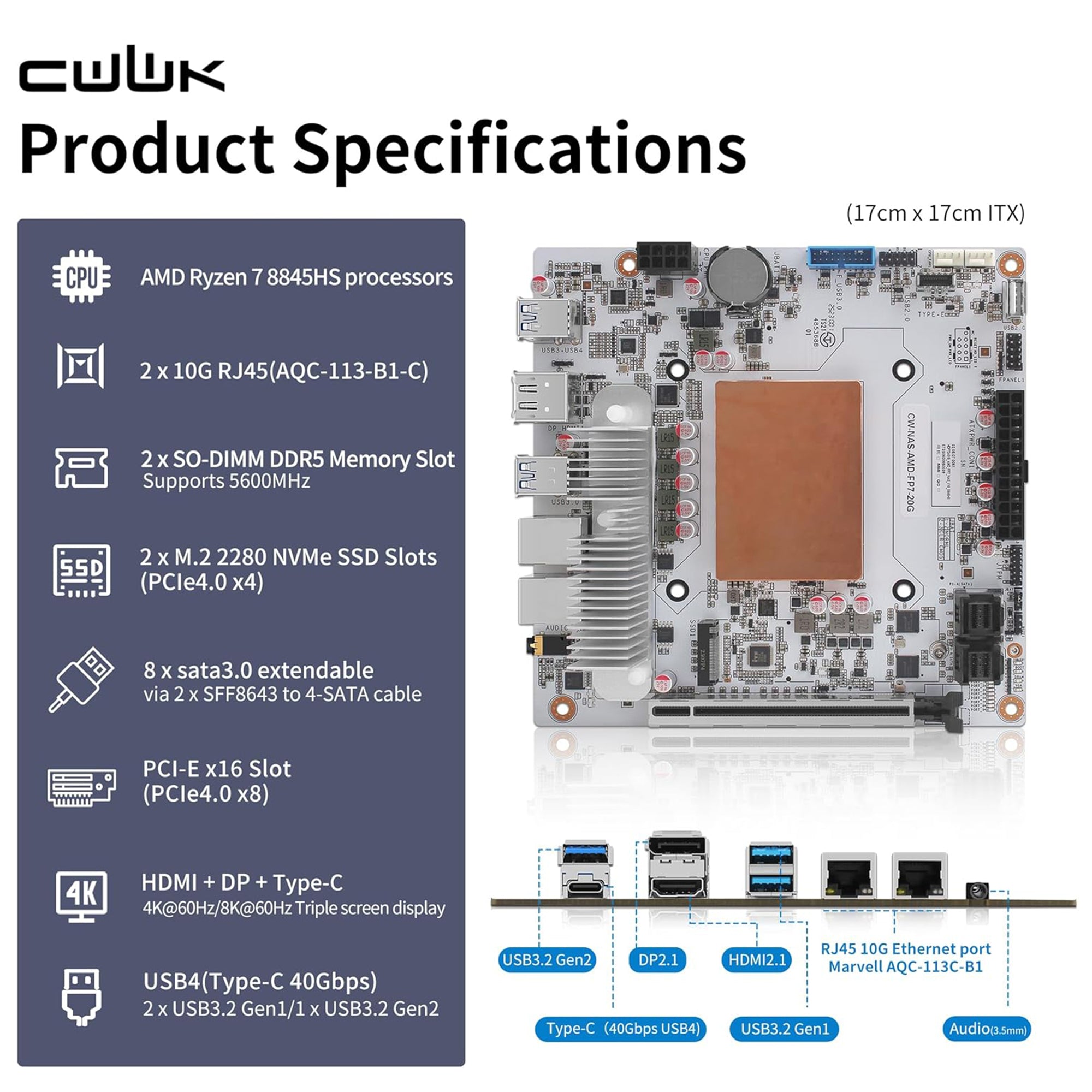 CWWK N7 NAS Motherboard 8 Bay with 2 x 10GbE RJ45 LAN, Ryzen 7 8845HS CPU