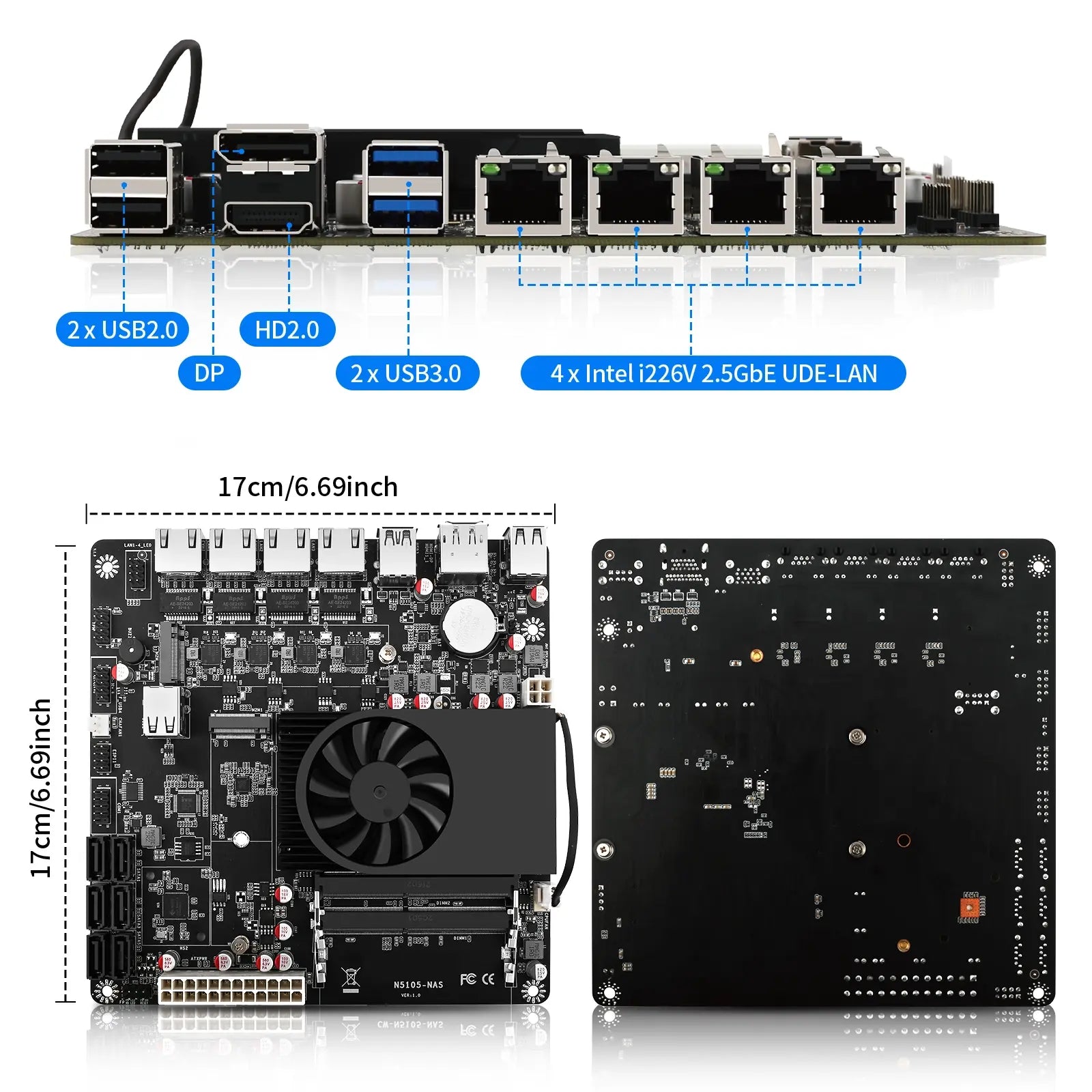 Computer motherboard with labeled features and dimensions on a white background