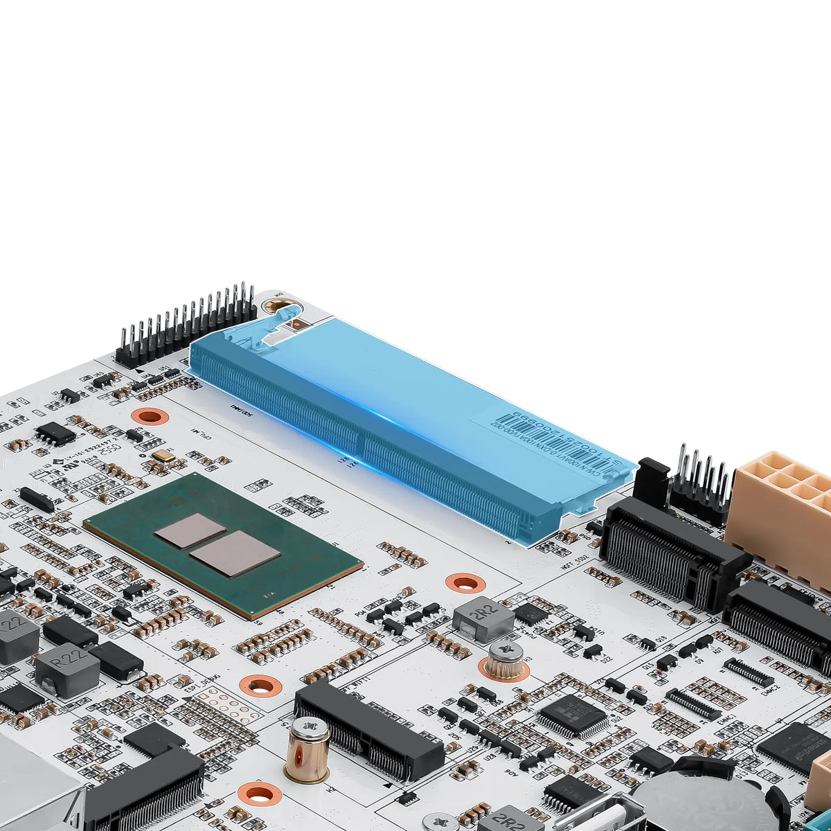 Close-up of a computer motherboard with electronic components on a white background