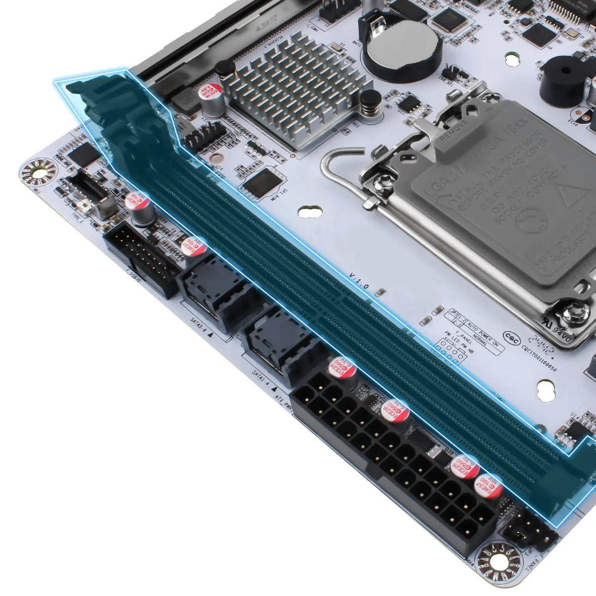 Computer motherboard with various components on a white background