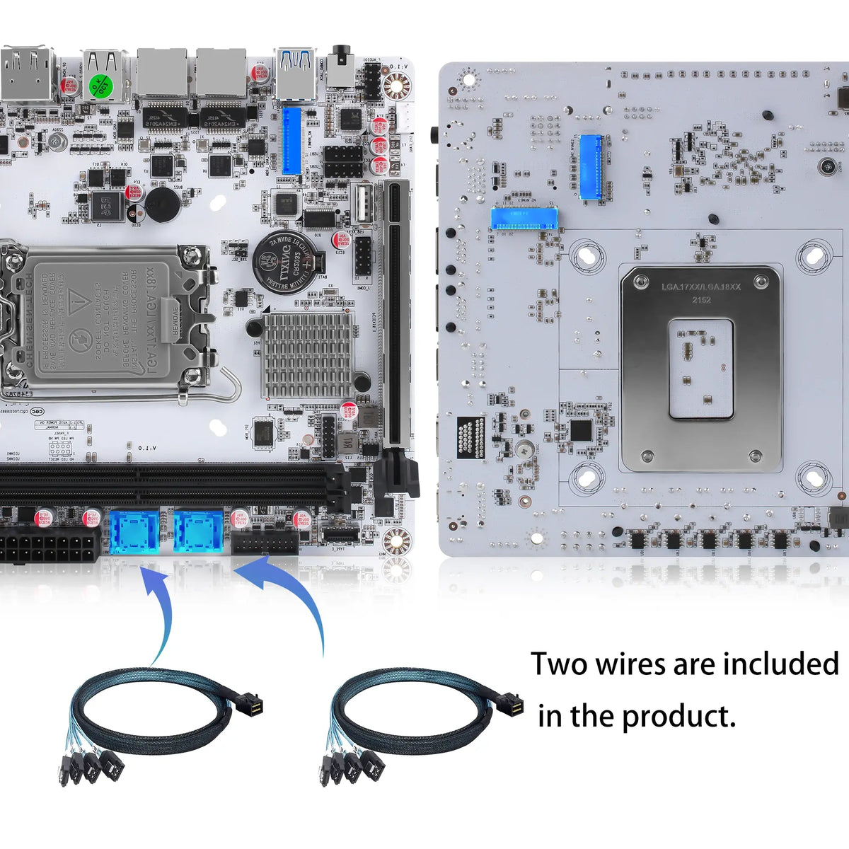 Electronic motherboard with two included wires on a white background