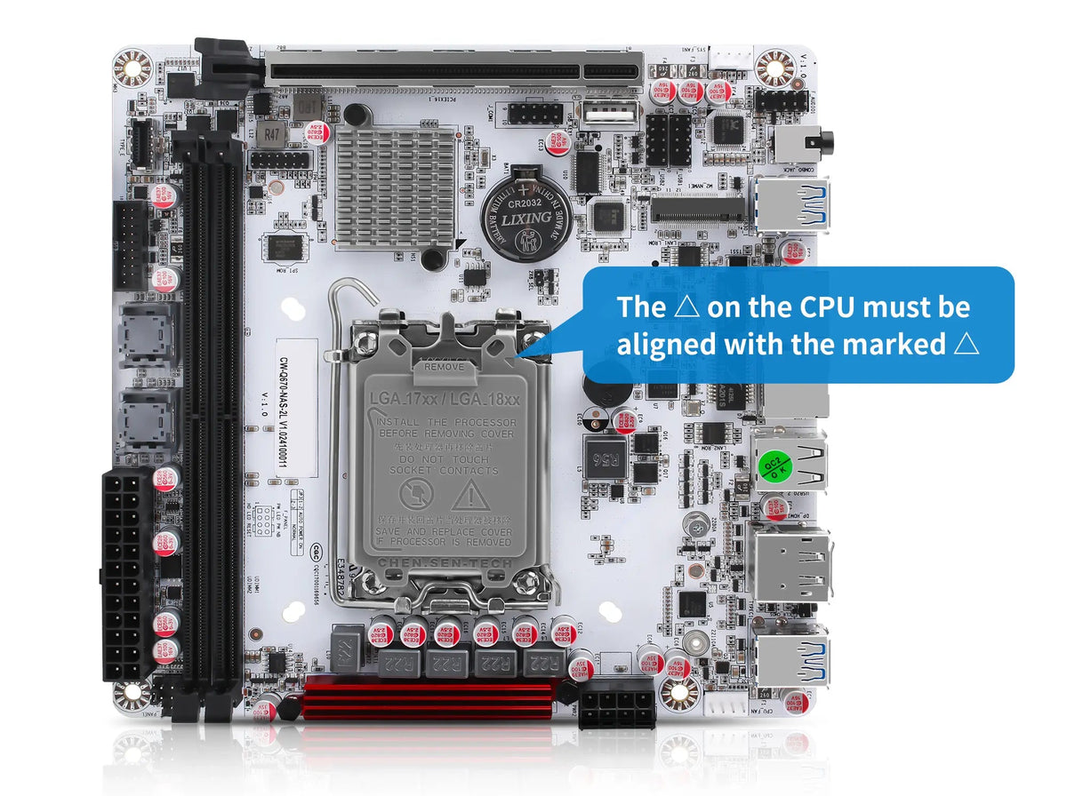 Motherboard with LGA 1700 CPU socket and Q670 chipset details on a white background