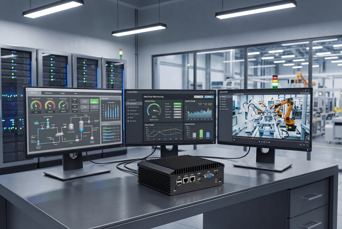 Multiple computer monitors displaying industrial automation software in a factory setting.