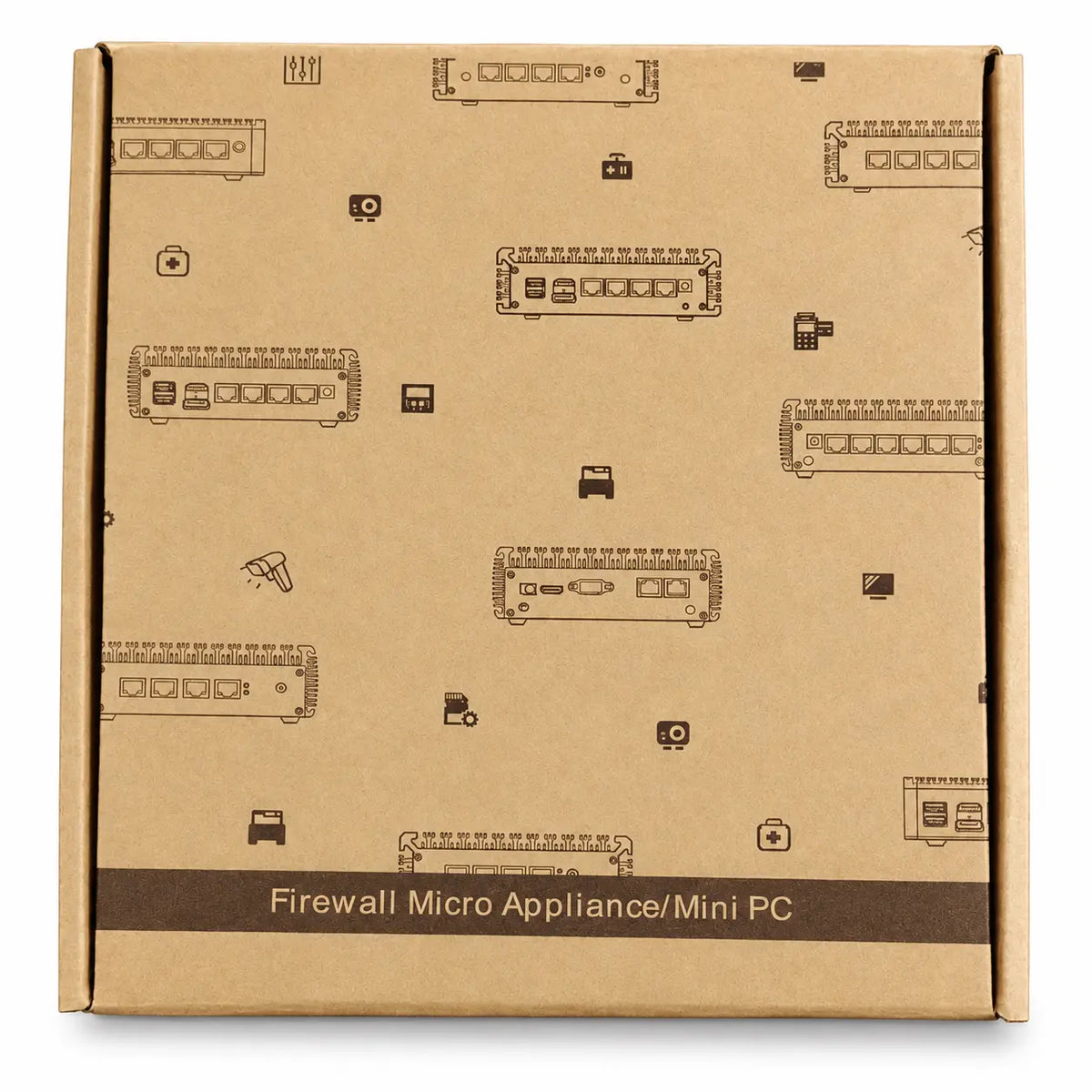 A square brown cardboard product box with printed line drawings of network firewalls and the text 'Firewall Micro Appliance/Mini PC' along the bottom front.
