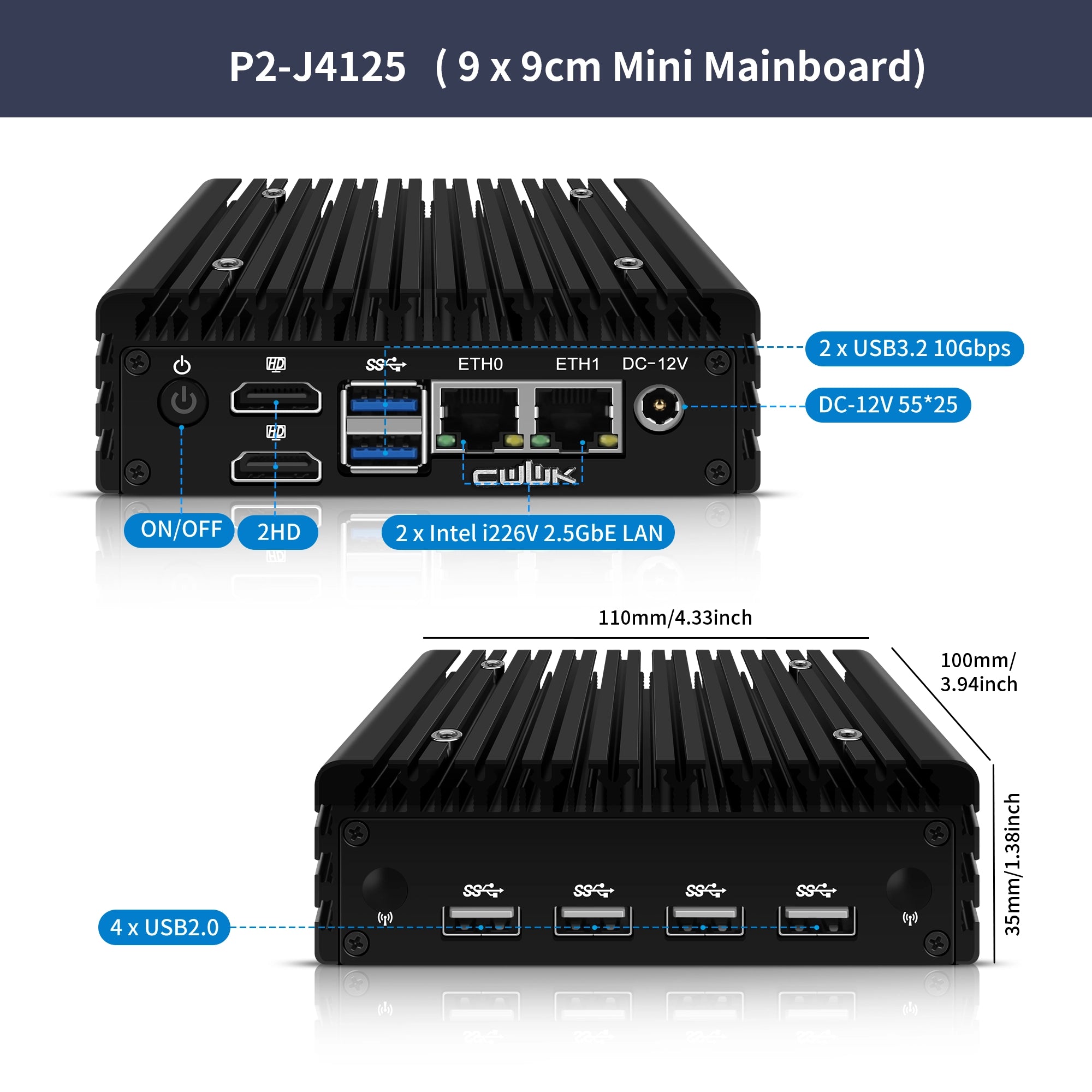 Culink P2-J4125 mini mainboard with specifications and dimensions on a white background