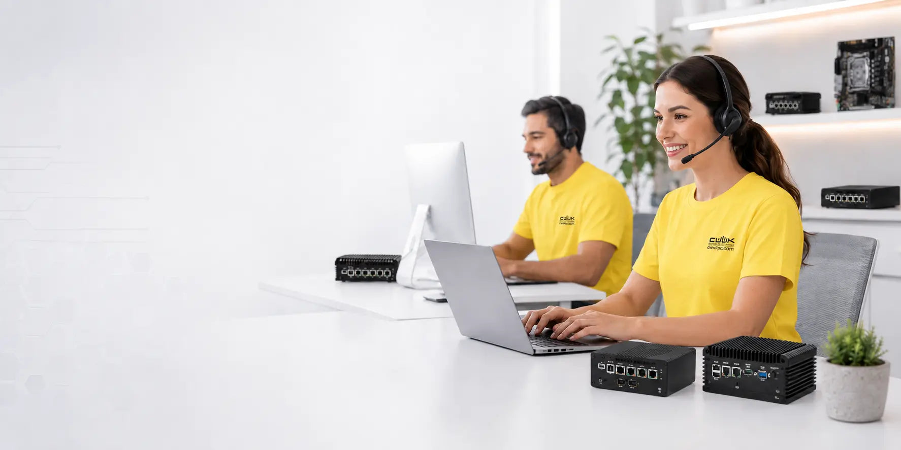 CWWK customer support team wearing yellow uniforms and headsets beside CWWK mini PCs and firewall appliances