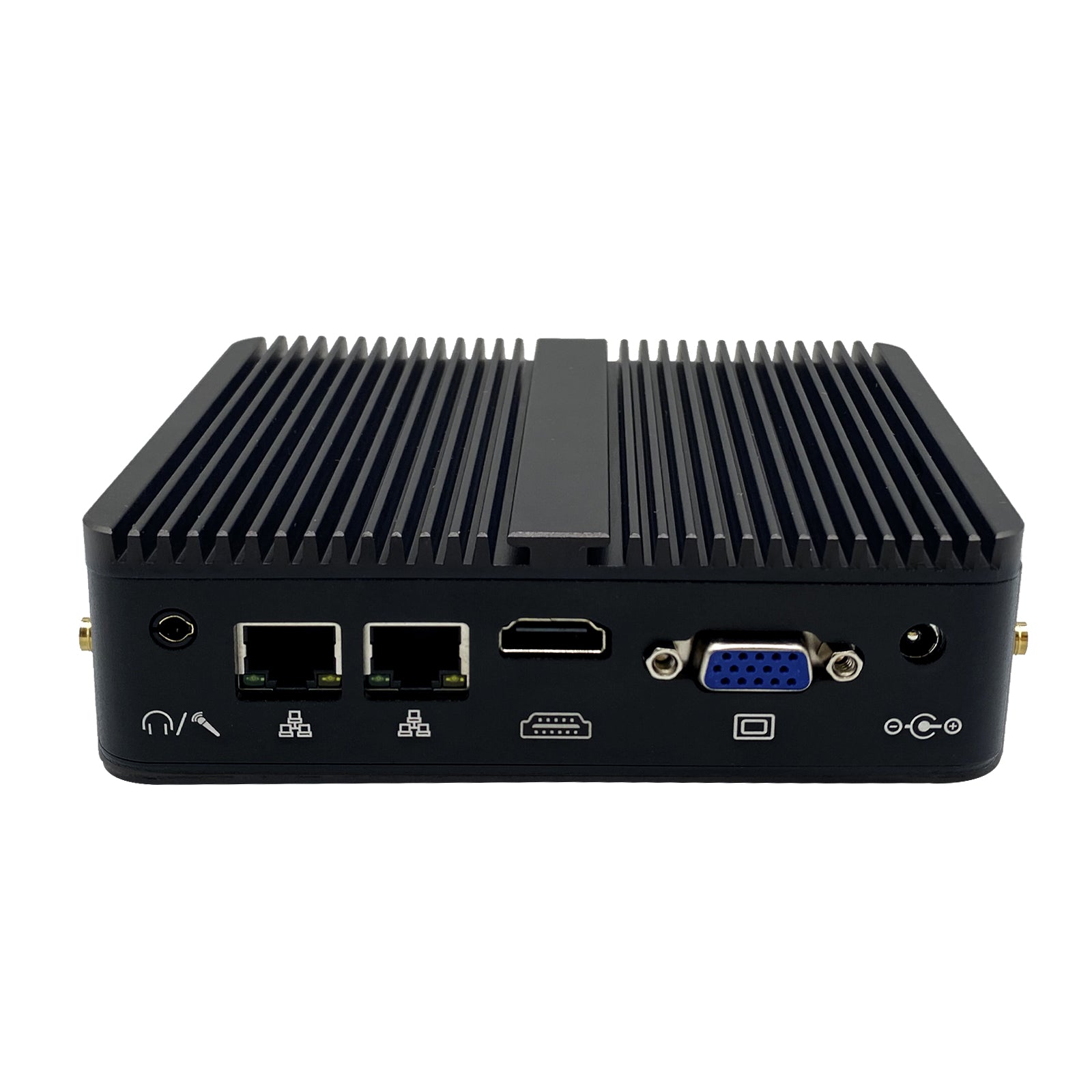 A compact, fanless industrial PC with multiple ports, including USB and Ethernet, visible on the front panel alongside a power button.