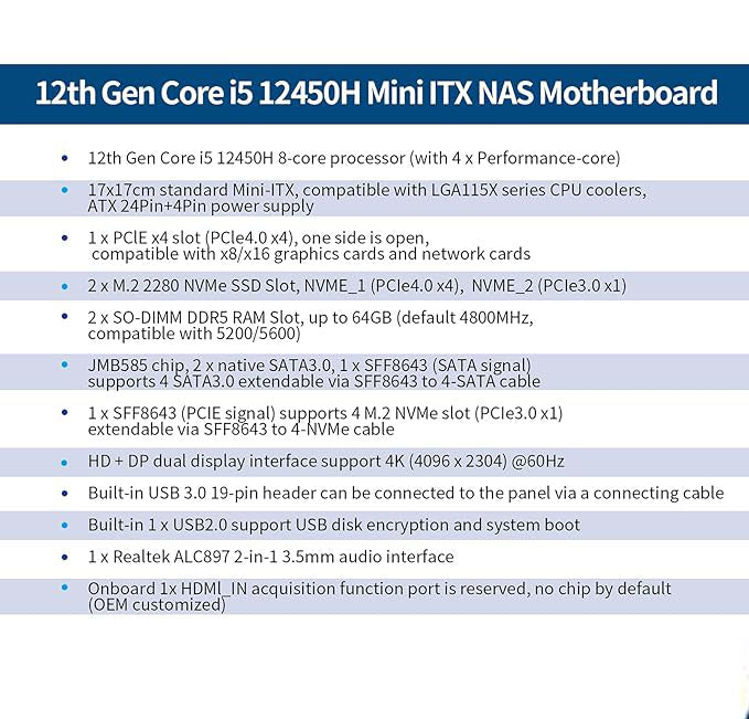 CWWK i5 NAS Mainboard 6 Bay, 6x M.2 NVMe Mini ITX Motherboard M5 Core i5 12450H, DDR5 8GB RAM 128GB SSD PC Motherboards with PCIe4.0×4, 4 Port i226-V 2.5GbE LAN, USB3.2(with Adapter)